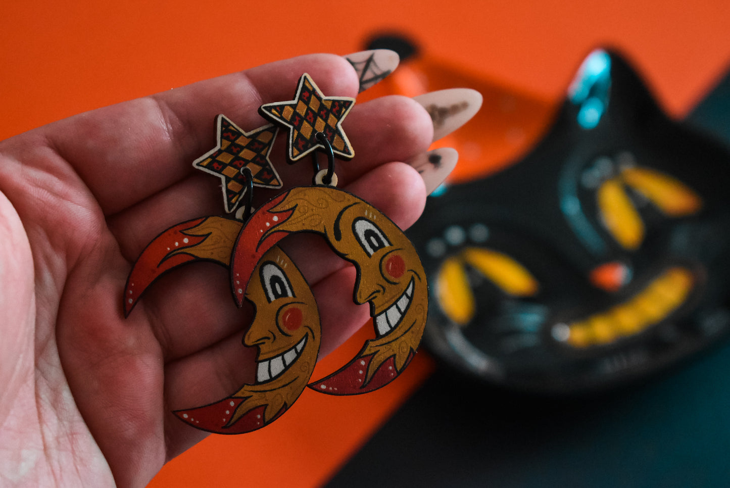 Retro moon wooden dangles