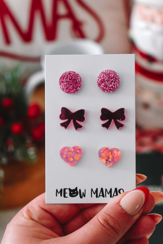 Pink bow trio studs