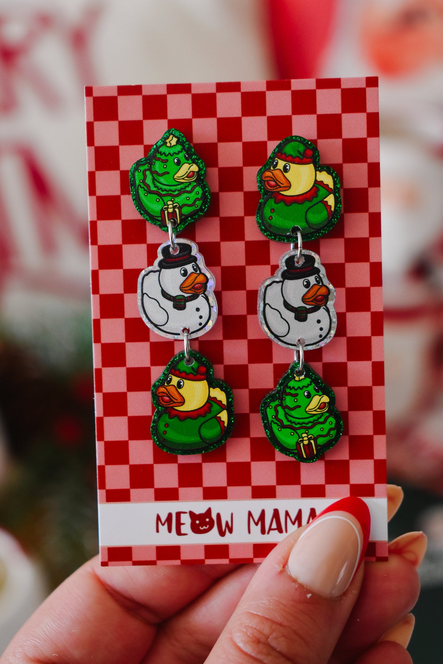 Christmas ducks Green and Whites dangle earrings