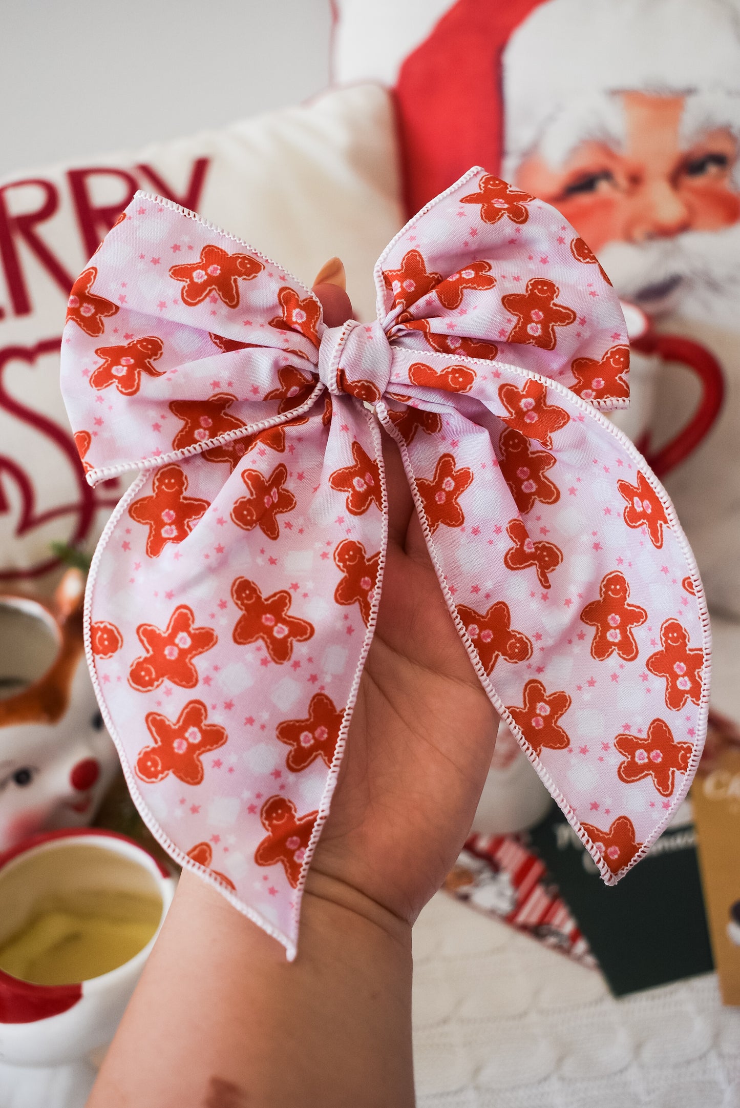 Gingerbread and mashmellow 5 inch hand tied sailor bow
