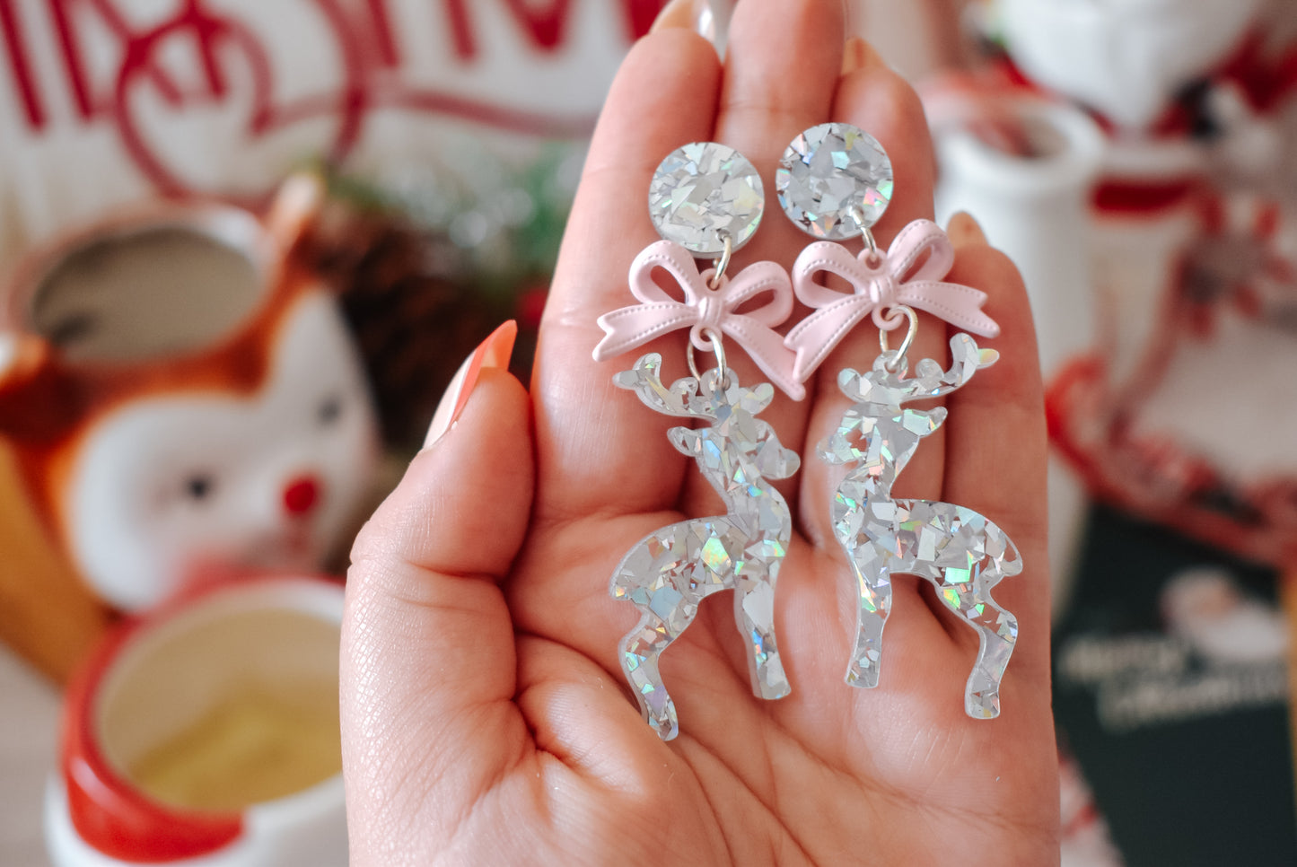 Reindeer dangle Acrylic earrings SILVER