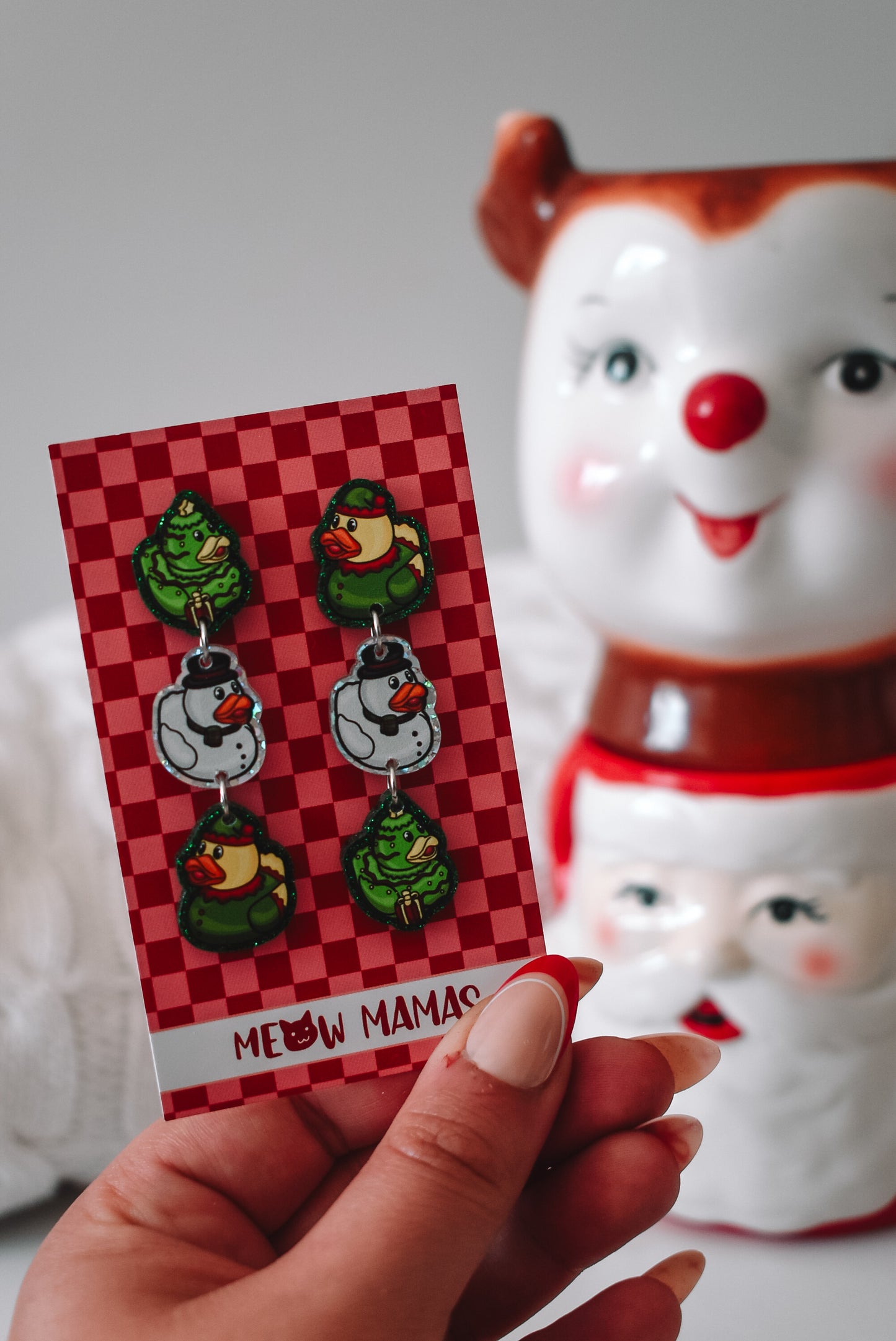 Christmas ducks Green and Whites dangle earrings