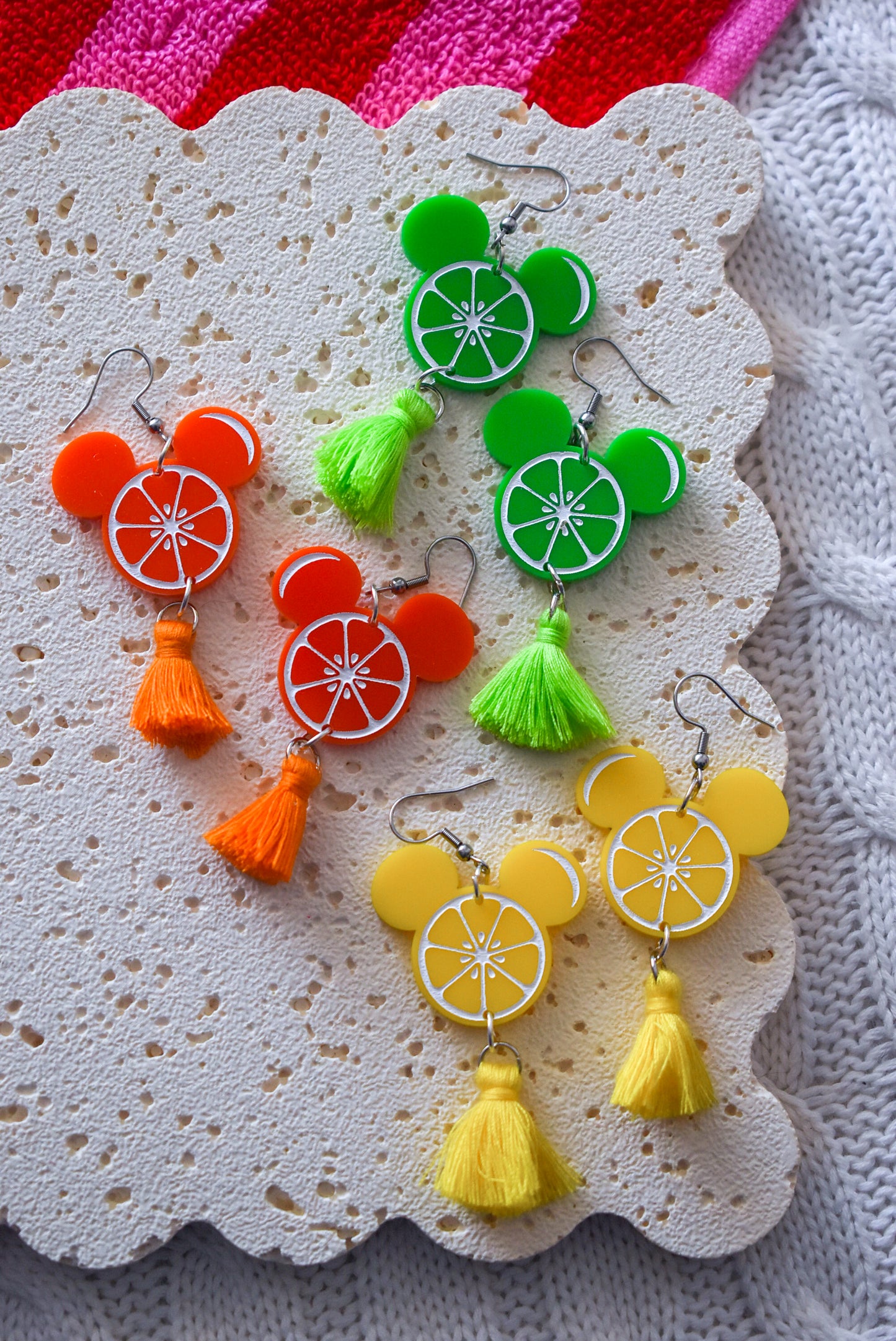 Orange mouse acrylic tassel statement dangles