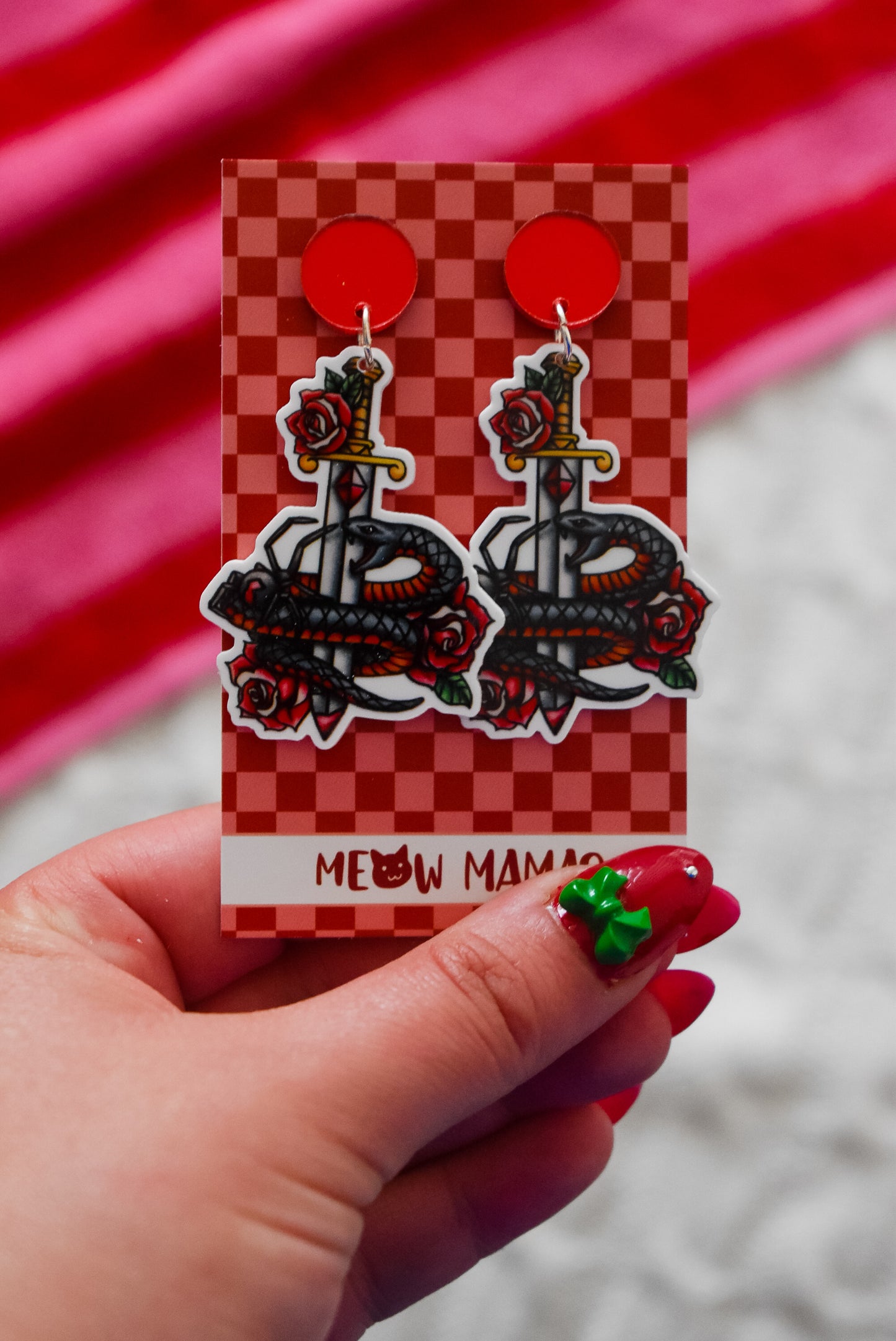 Red belly snake dangle earrings