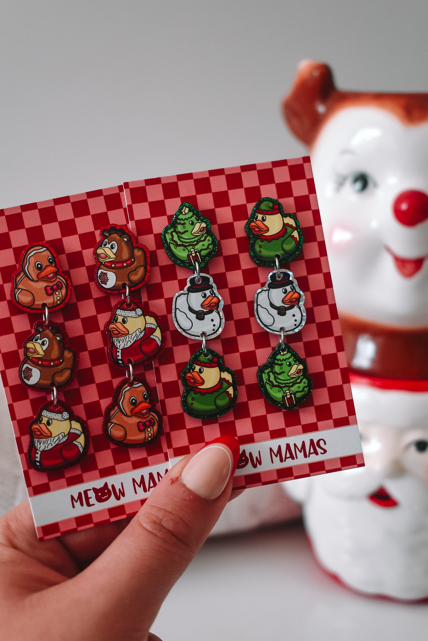 Christmas ducks Green and Whites dangle earrings