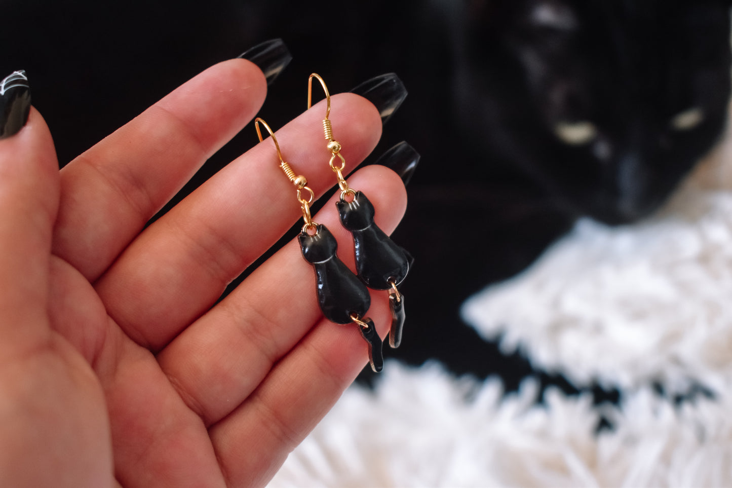 Sitting cat dangle earrings Black cat