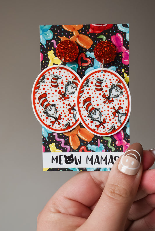 Cat in the hat oval dangle earrings