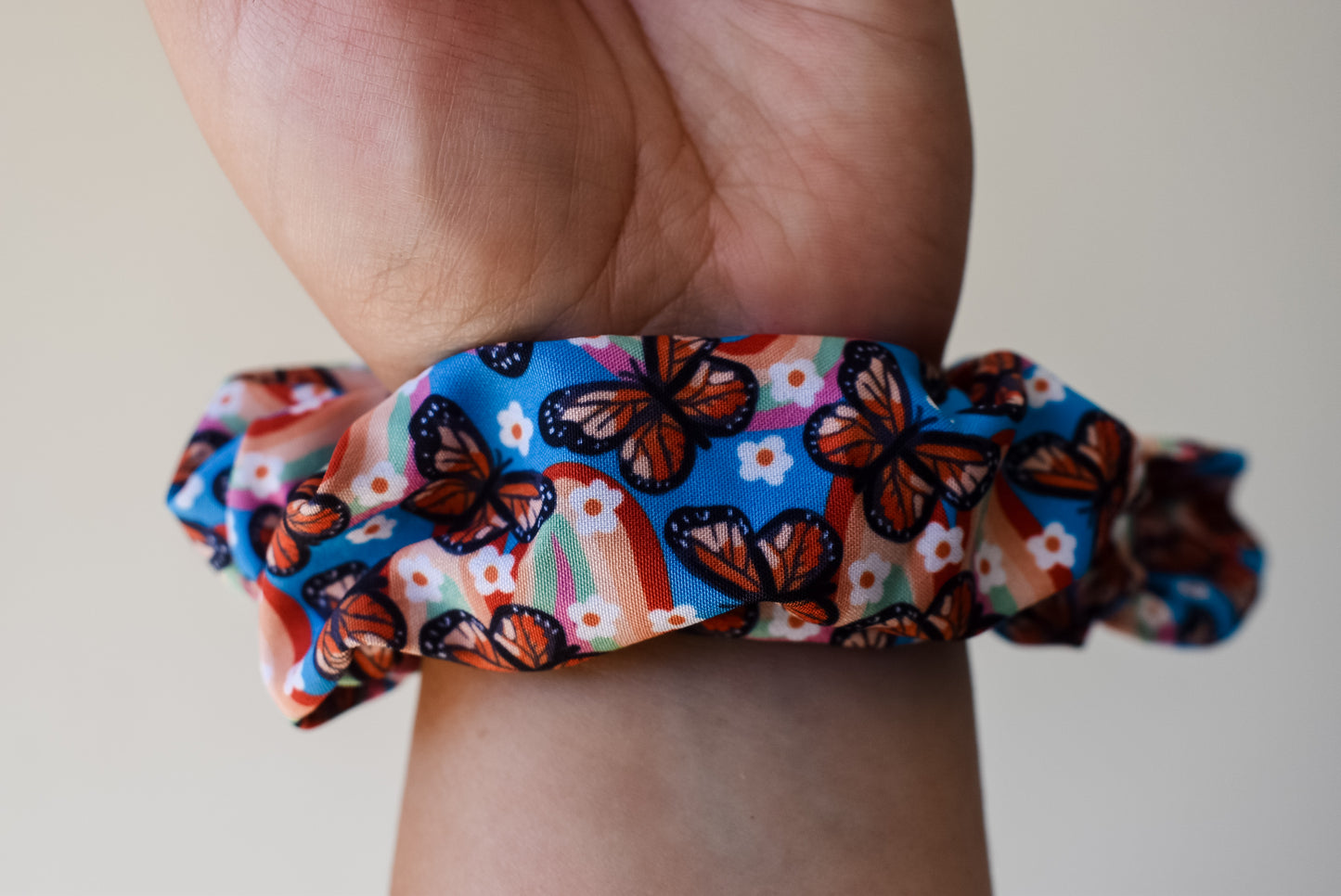 Rainbow butterflies small twist scrunchie