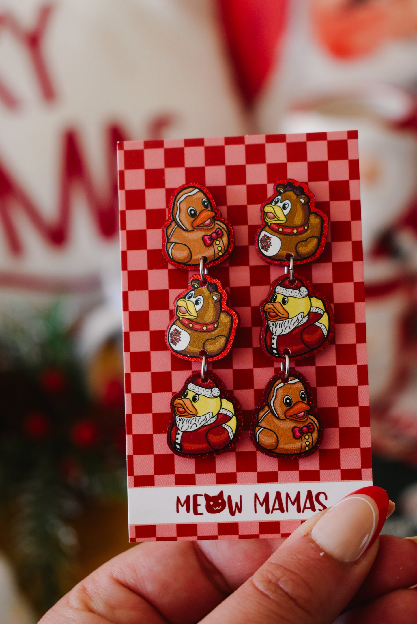 Christmas ducks Reds and browns dangle earrings