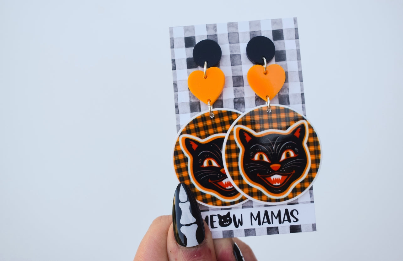 Retro black cat trio dangle earrings