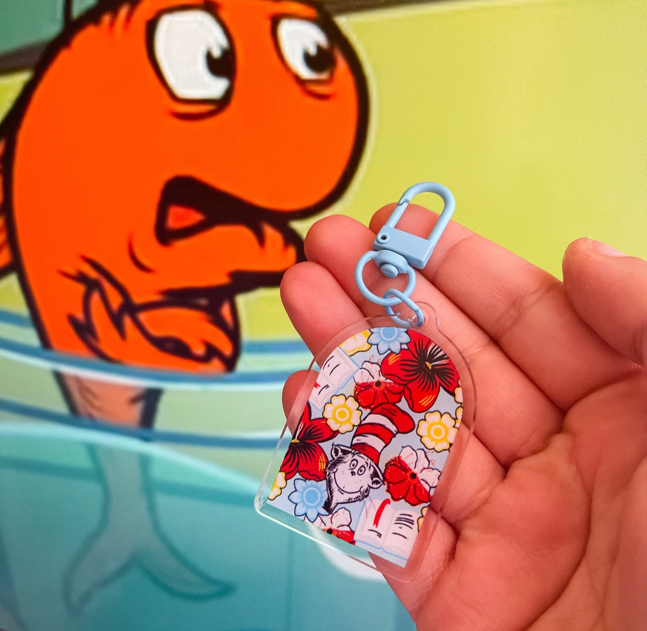 Floral cat in hat acrylic keychain