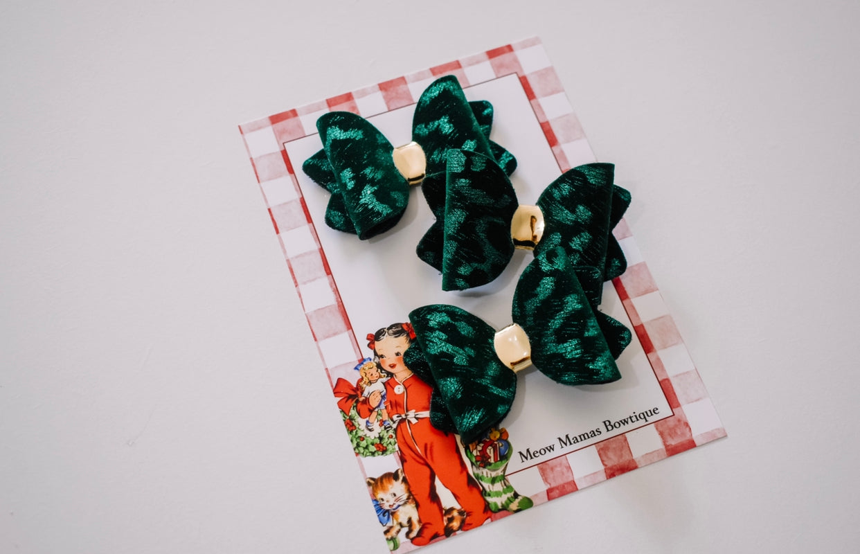GREEN Leopard metallic and velvet petite bow