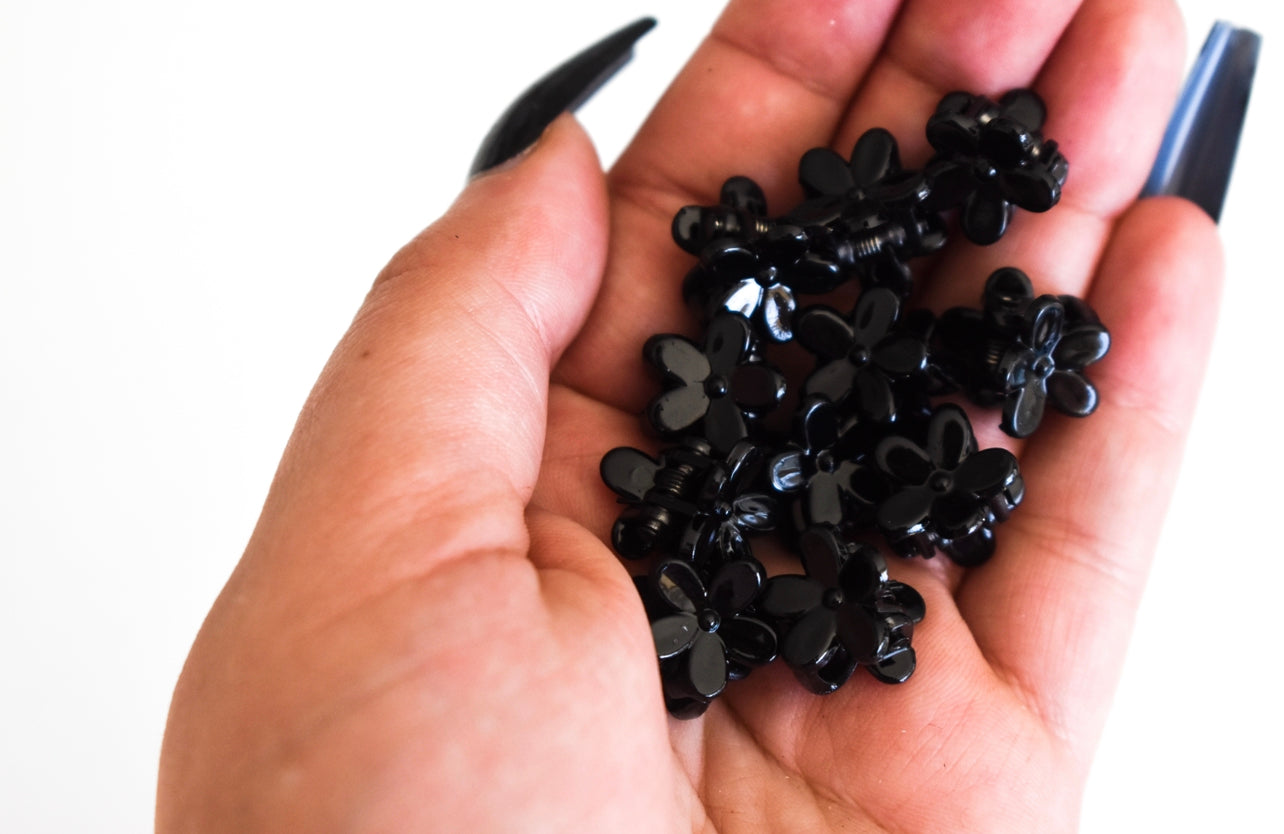 12 black flower mini claw clips