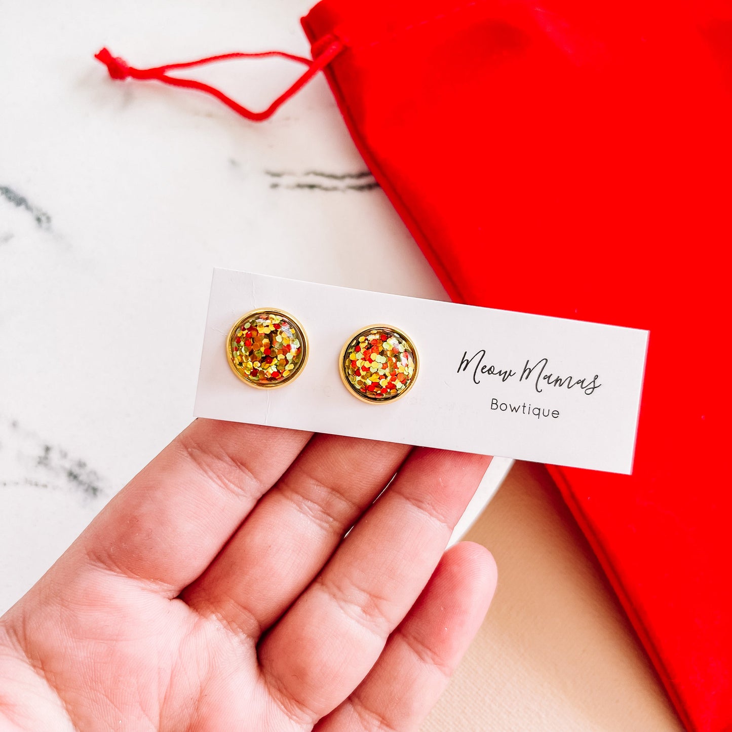 Set of 3 stud earring pack ( red green and gold )