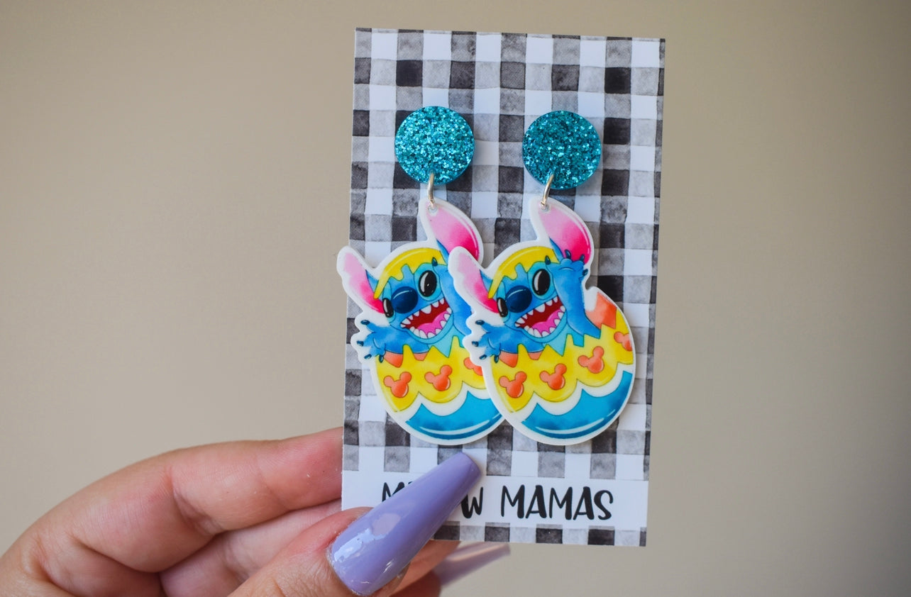 Easter blue monster dangle earrings