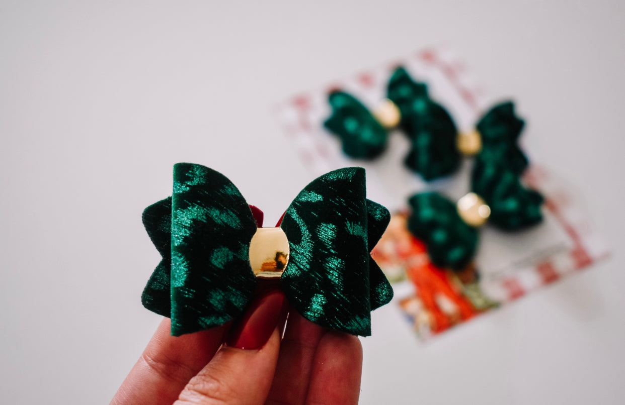 GREEN Leopard metallic and velvet petite bow