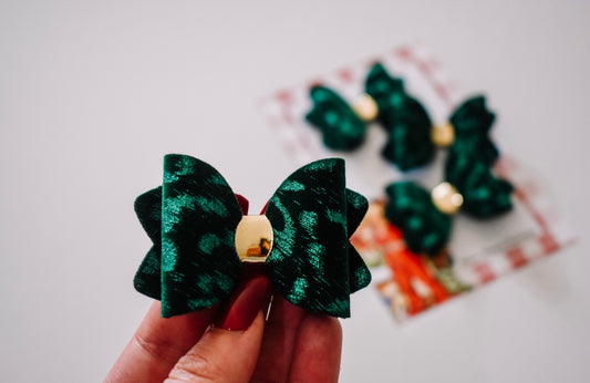 GREEN Leopard metallic and velvet petite bow