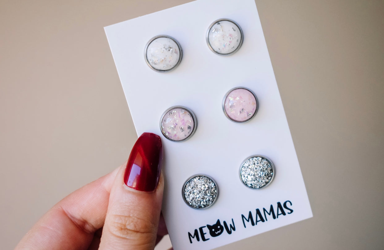 Set of 3 stud earring pack ( pastel silvers)