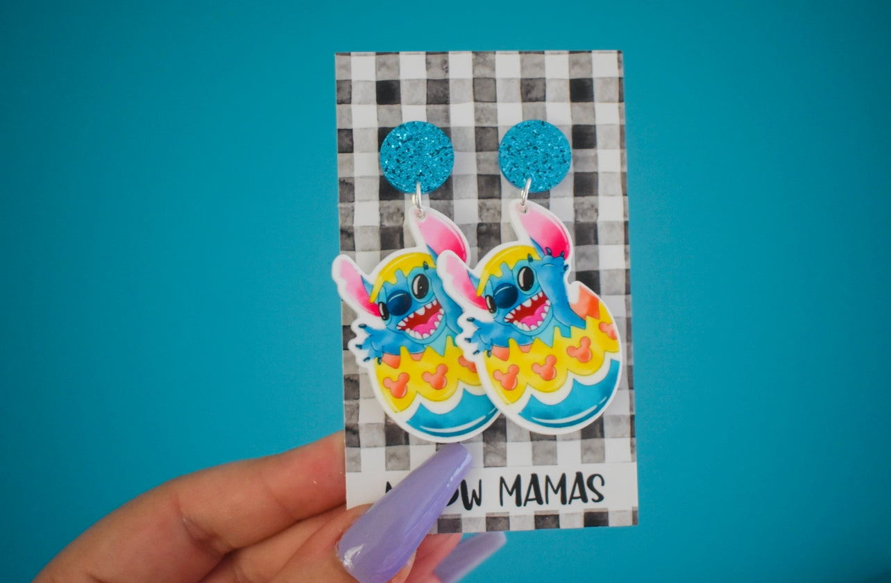 Easter blue monster dangle earrings