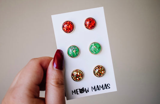 Set of 3 stud earring pack ( red green and gold )
