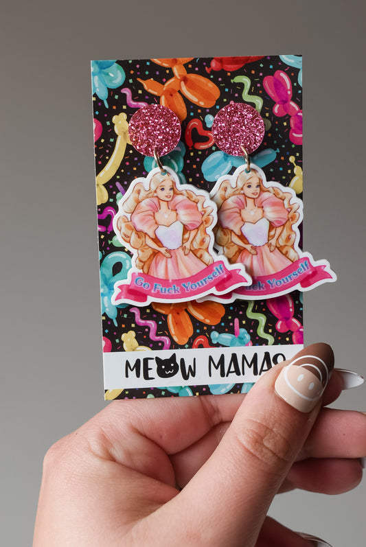 F bomb Barbie dangle earrings