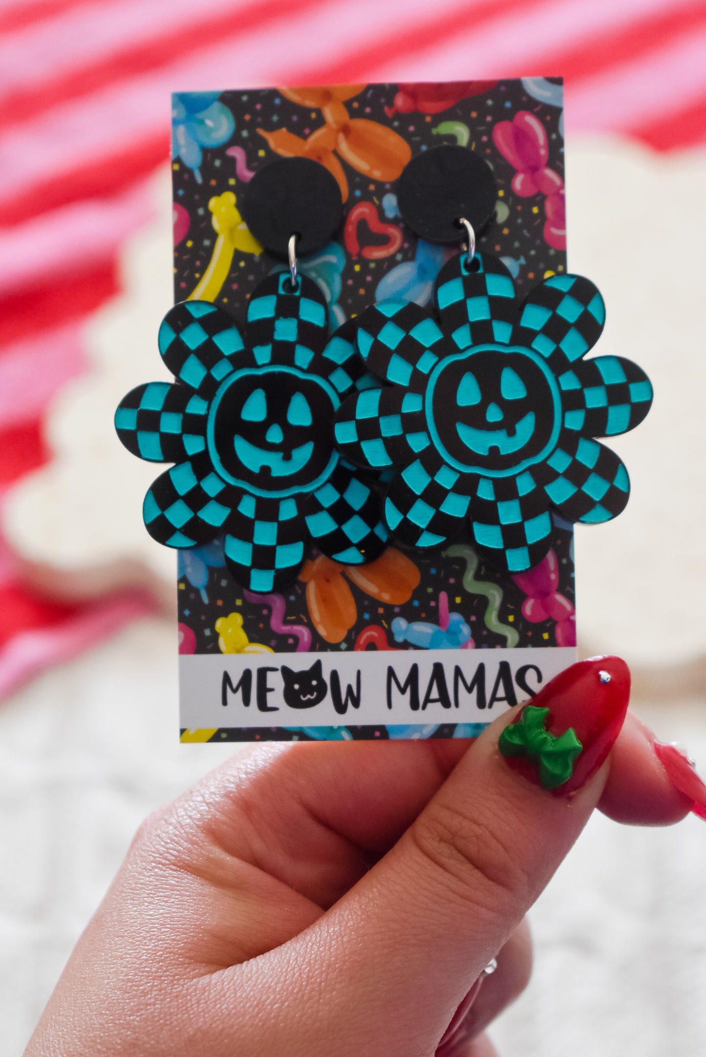 Neon Pumpkin Daisy Acrylic HandPainted dangle Earrings AQUA