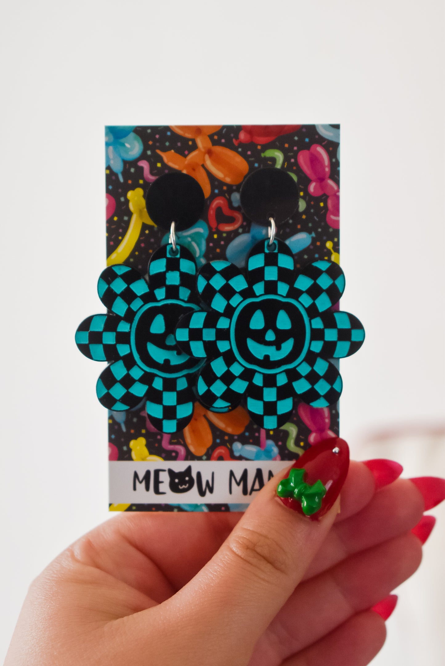 Neon Pumpkin Daisy Acrylic HandPainted dangle Earrings AQUA