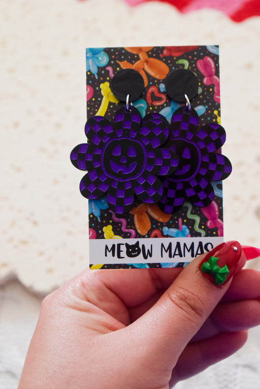 Neon Pumpkin Daisy Acrylic HandPainted dangle Earrings PURPLE