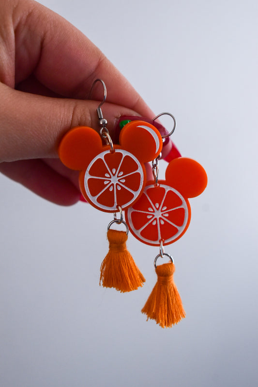 Orange mouse acrylic tassel statement dangles