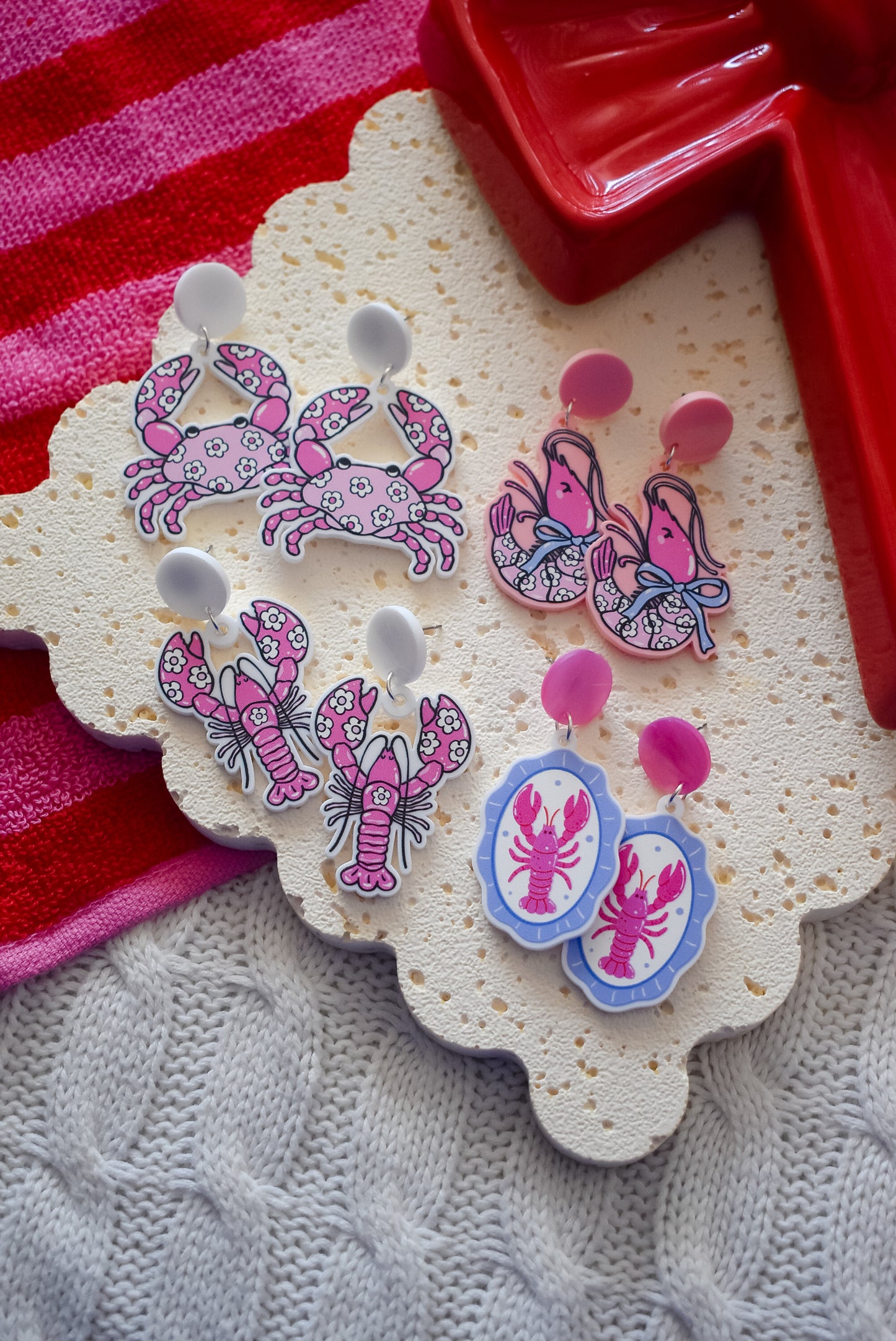 Amalfi style coquette Prawn statement acrylic dangles