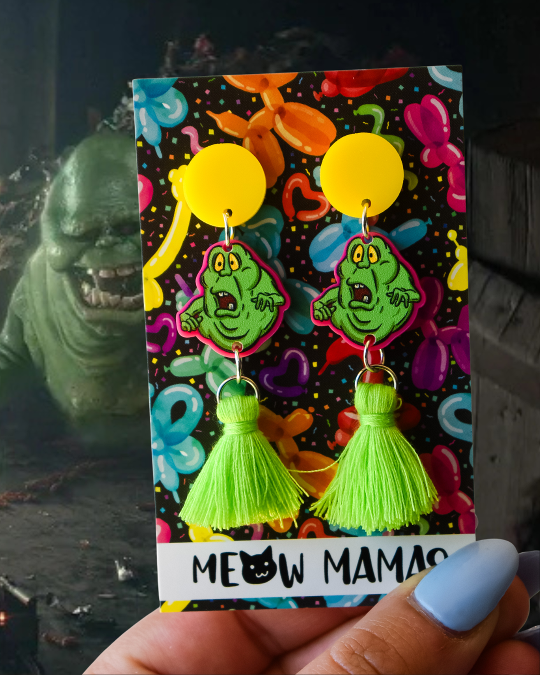 Slimer ghost tassel acrylic earrings
