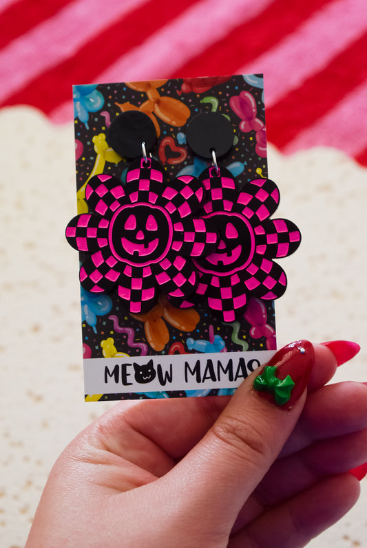 Neon Pumpkin Daisy Acrylic HandPainted dangle Earrings PINK