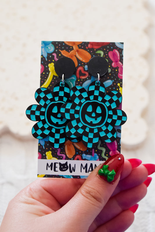 Neon Pumpkin Daisy Acrylic HandPainted dangle Earrings AQUA