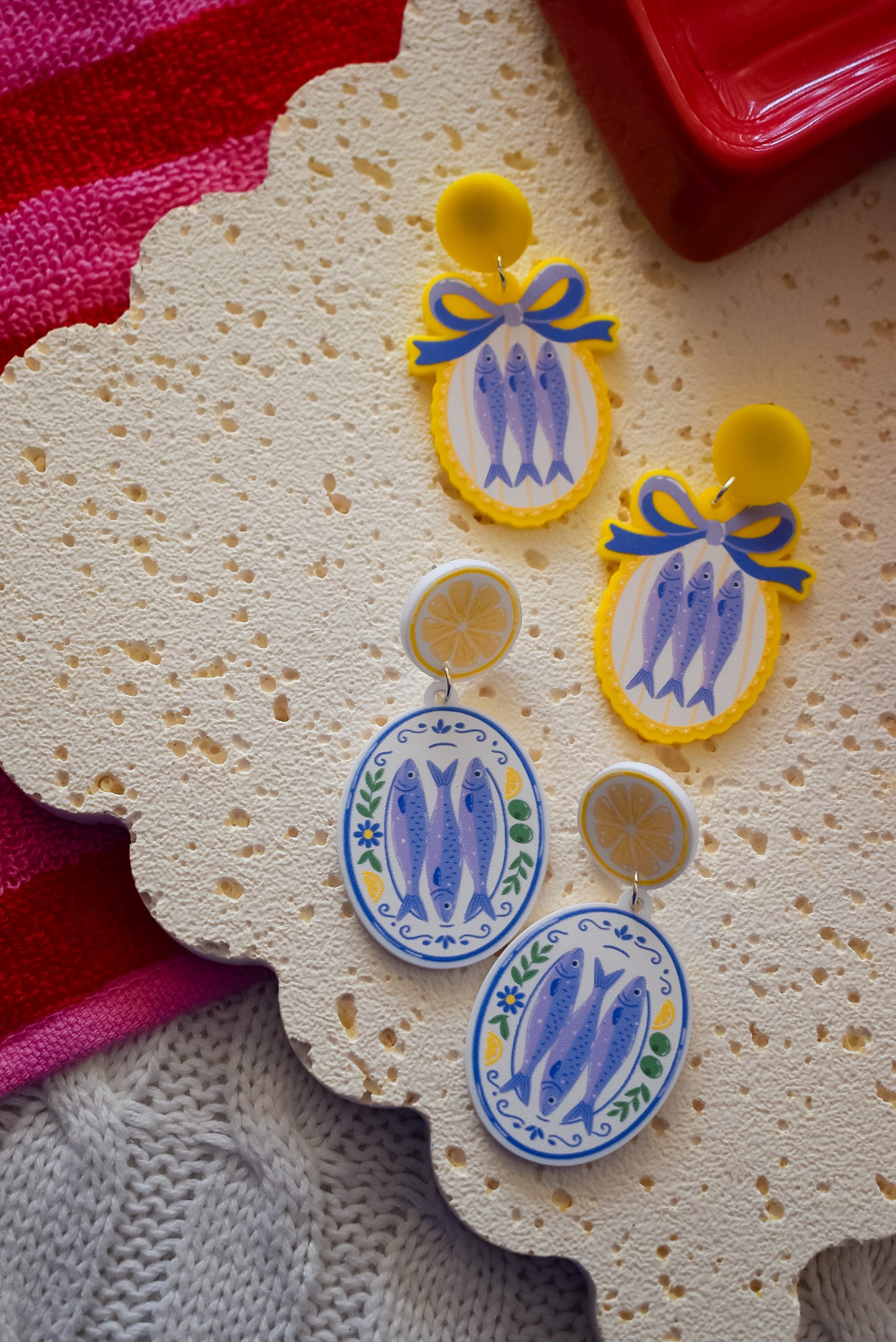 Yellow Coquette sardine platter statement acrylic dangles